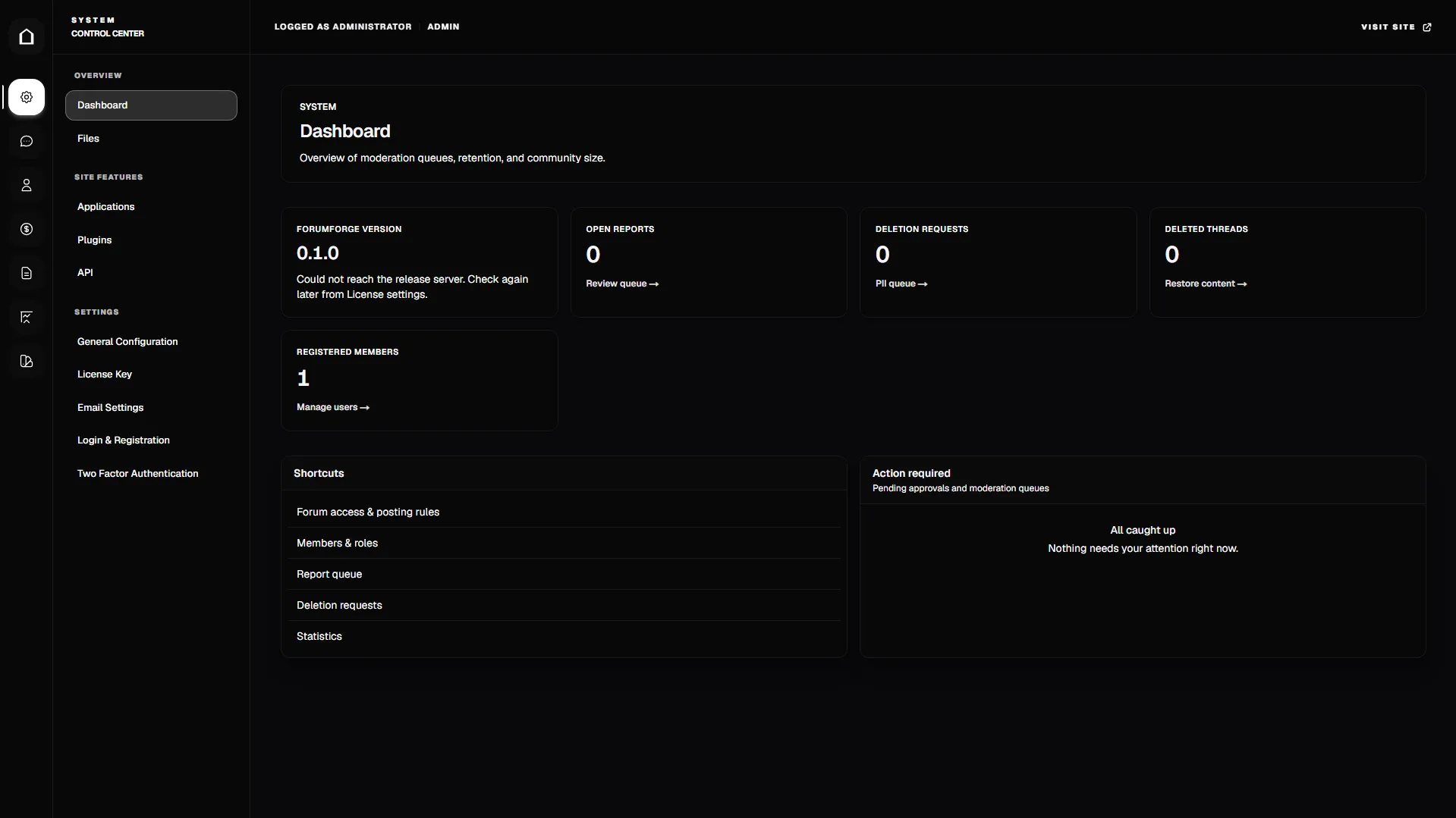 ForumForge admin dashboard with moderation queues and member management